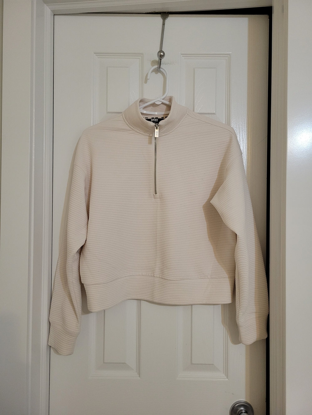 Donna Karan Cream Ribbed Half-Zip Pullover Sweatshirt Size S